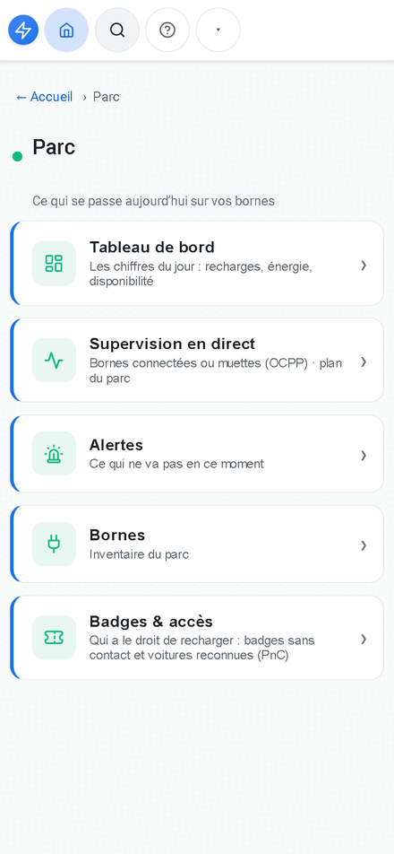 The Fleet workspace of Caly-Bornes on a phone: dashboard, live monitoring, alerts, chargers and access badges